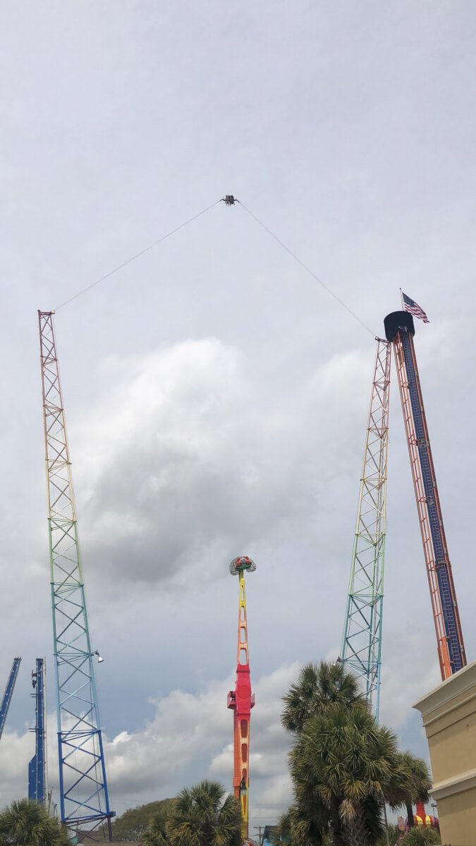 riders on an upside-down amusement park ride - Free Fall Thrill Park