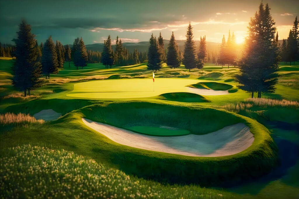 A picturesque golf course with trees and grass, bathed in the warm hues of a sunset.