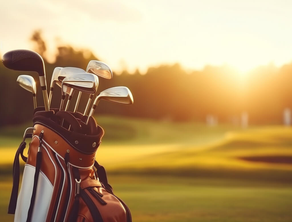 Golf clubs and bag on grass at sunset