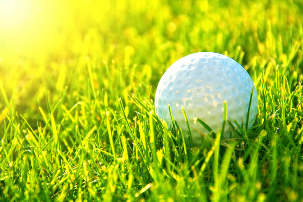 A golf ball resting on green grass, ready to be hit.