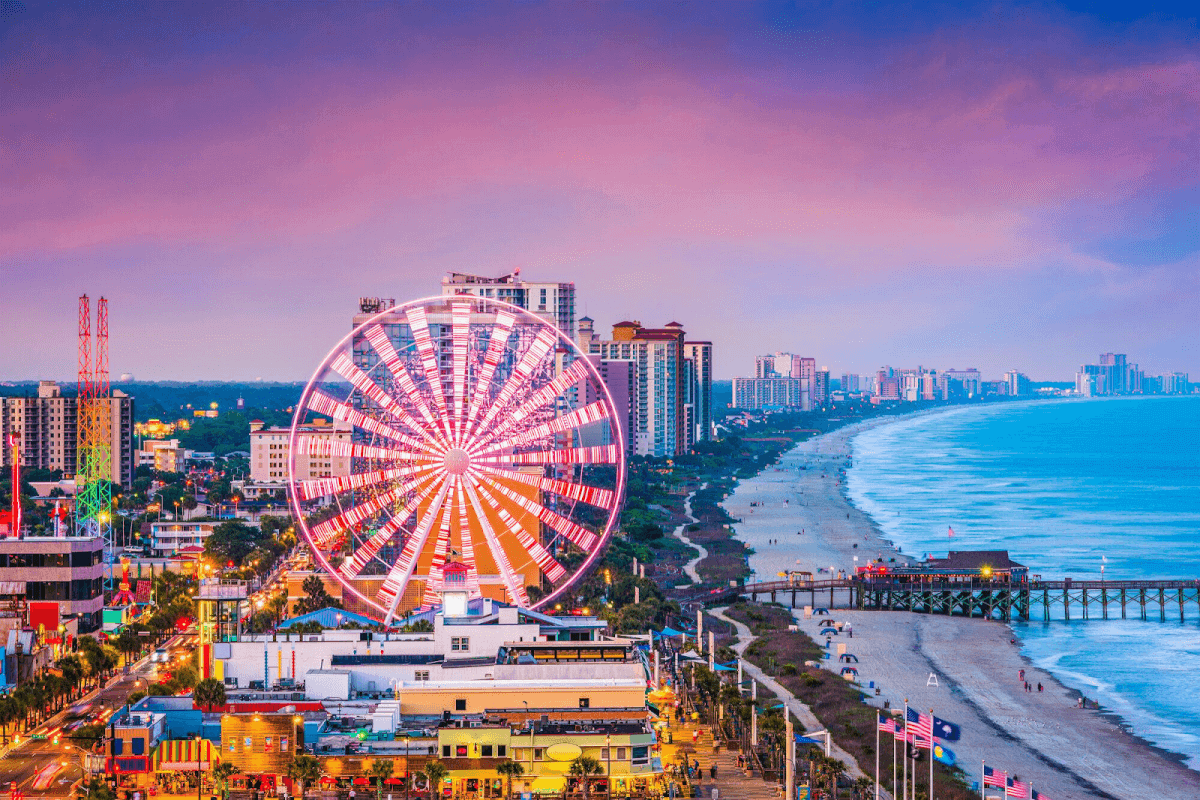 Aerial view of Myrtle Beach, SC showcasing its beautiful coastline, sandy beaches, and vibrant cityscape.