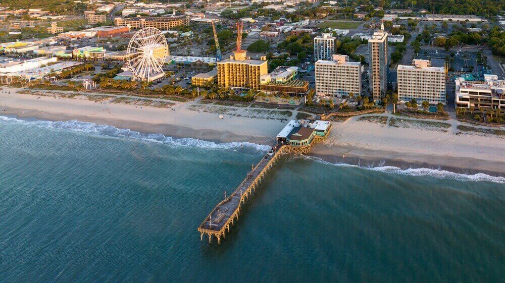 Aerial View Of Myrtle Beach, SC, During Sunrise.
