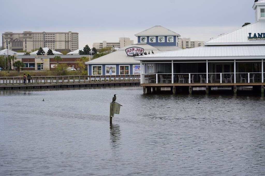 Waterfront boardwalk and shops at Barefoot Landing in North Myrtle Beach with Ron Jon Surf Shop sign