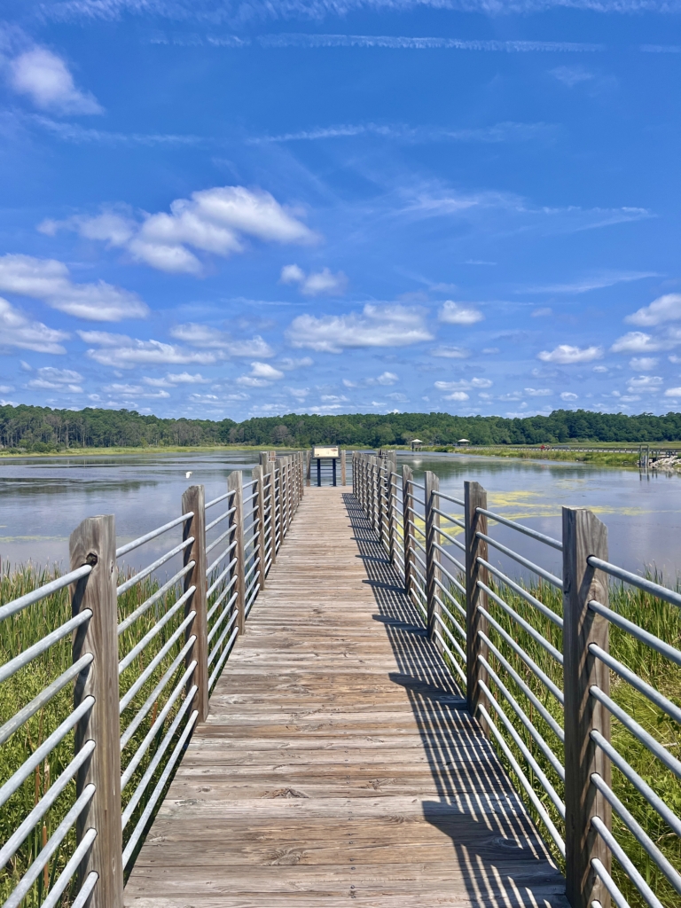 A long wooden boardwalk overlooking serene marshes and wetlands at Huntington Beach State Park.