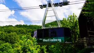 Ober Gatlinburg aerial tramway car above green Smoky Mountain forest in Gatlinburg, Tennessee.