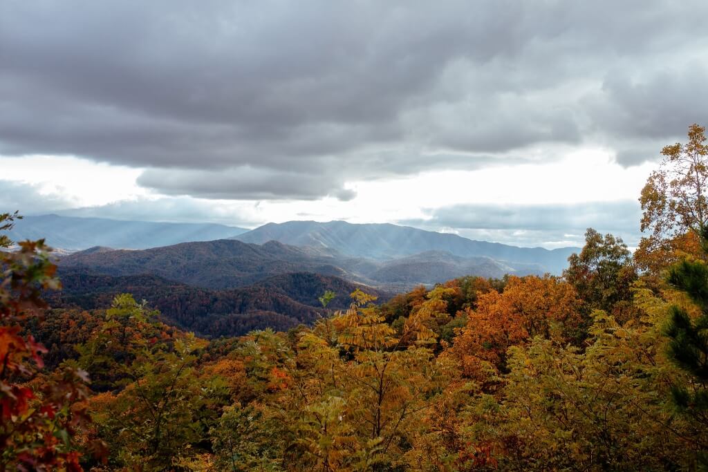 Vibrant fall foliage and mountain ridges in the Smoky Mountains