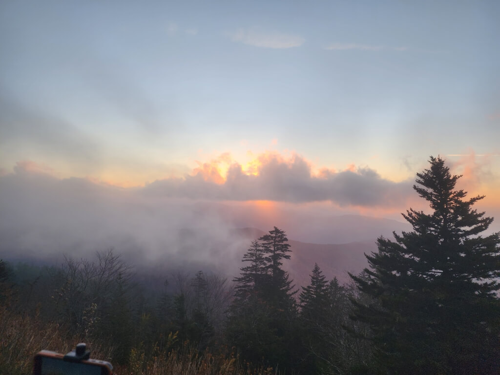 Colorful sunrise over Clingmans Dome in Great Smoky Mountains National Park.