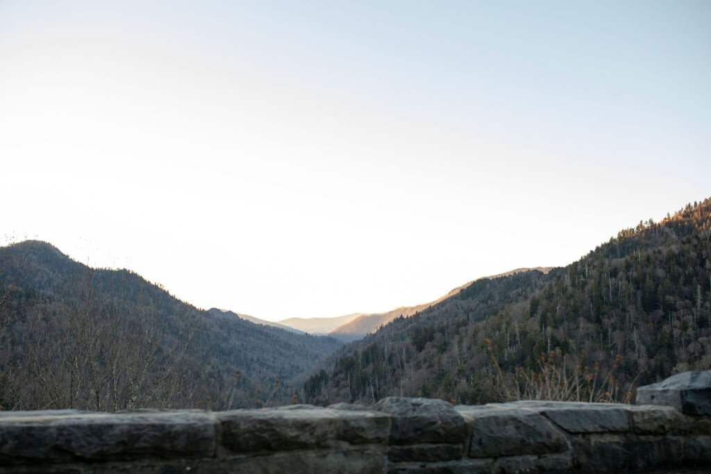Panoramic mountain view from Newfound Gap Overlook in the Smoky Mountains.