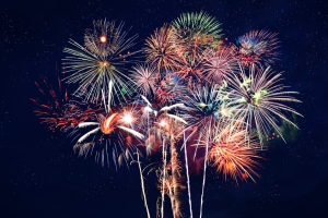 Colorful fireworks exploding in the night sky during Gatlinburg New Year’s Eve celebrations in the Smoky Mountains.