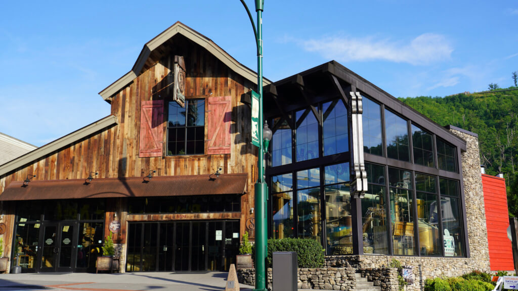 Exterior of Sugarlands Distilling Company on the Parkway in downtown Gatlinburg