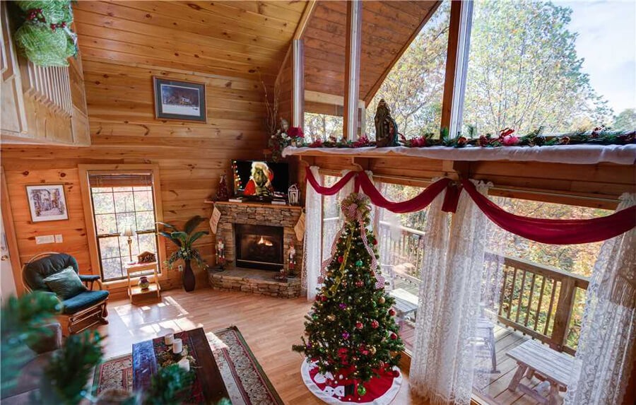 Cabins decorated for the holidays in the Smokies