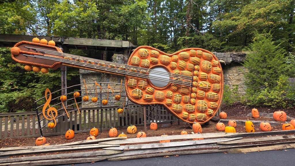 Pumpkin guitar sculpture at Dollywood’s Great Pumpkin LumiNights in Pigeon Forge