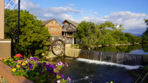 The Old Mill water wheel and river in Pigeon Forge, Tennessee