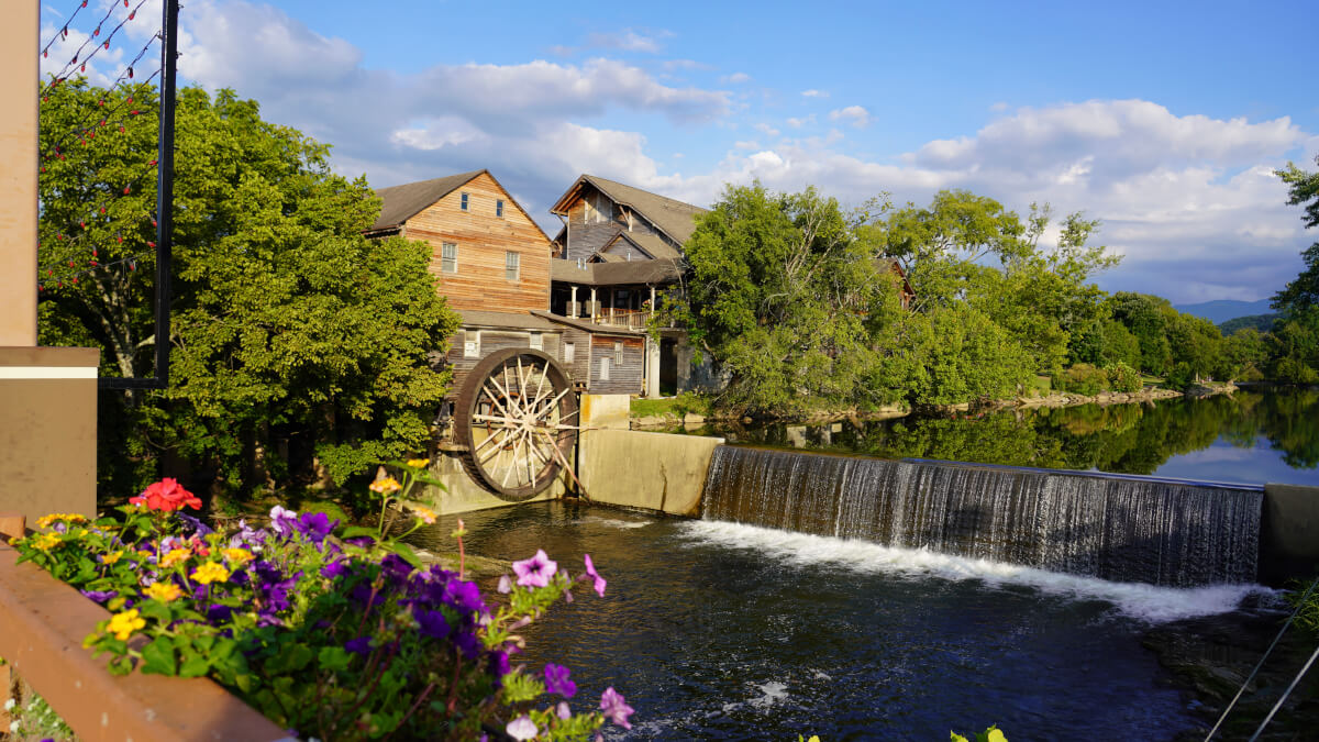 The Old Mill water wheel and river in Pigeon Forge, Tennessee