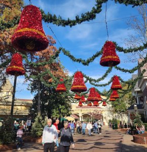 Dollywood Smoky Mountain Christmas decorations with red bells, a festive attraction near Gatlinburg