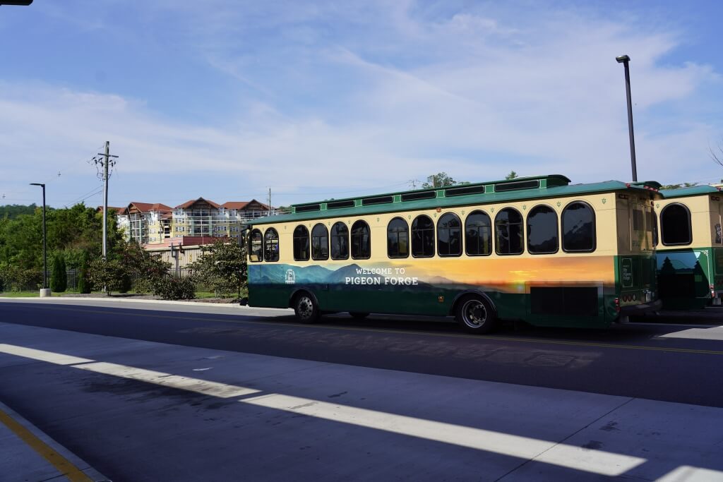 Pigeon Forge trolley at the station, an easy way to reach Gatlinburg Christmas lights and events