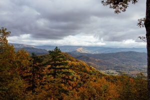 Fall foliage view of the Smoky Mountains with colorful autumn trees and mountain ridges