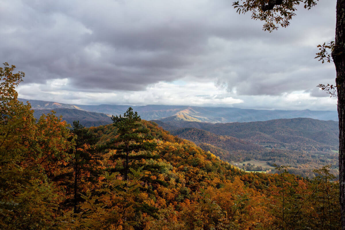 Fall foliage view of the Smoky Mountains with colorful autumn trees and mountain ridges