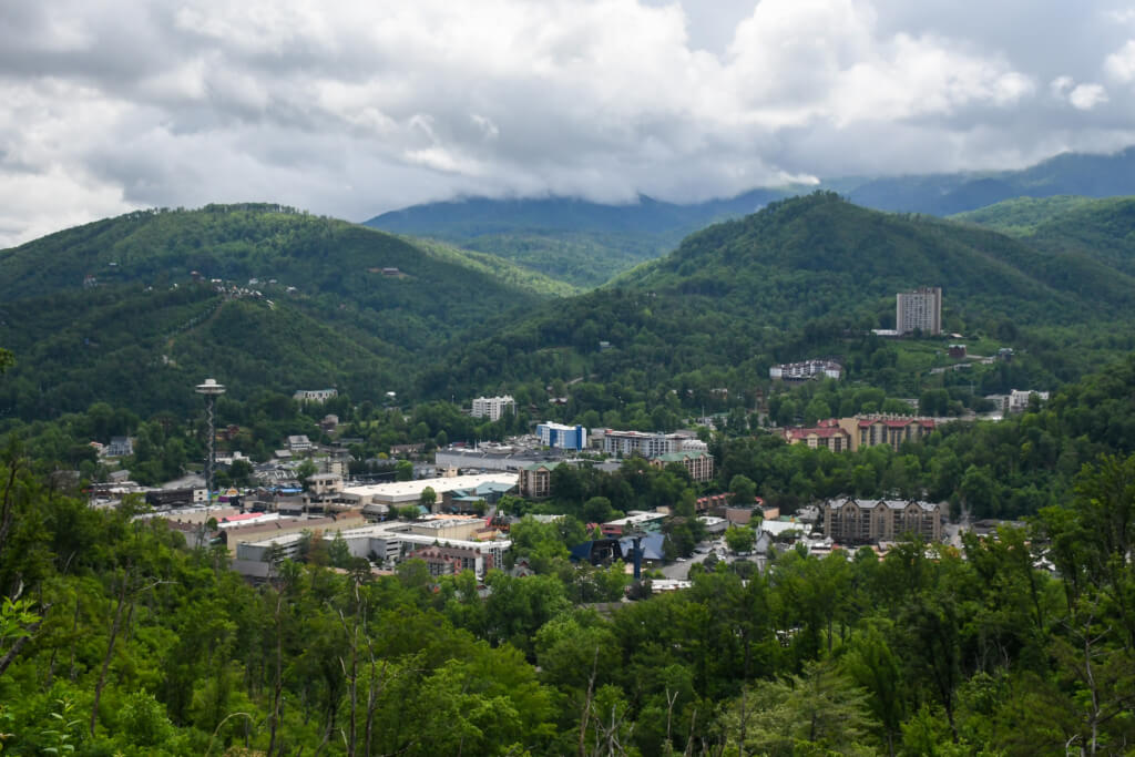 Summer view of downtown Gatlinburg and the surrounding Smoky Mountains