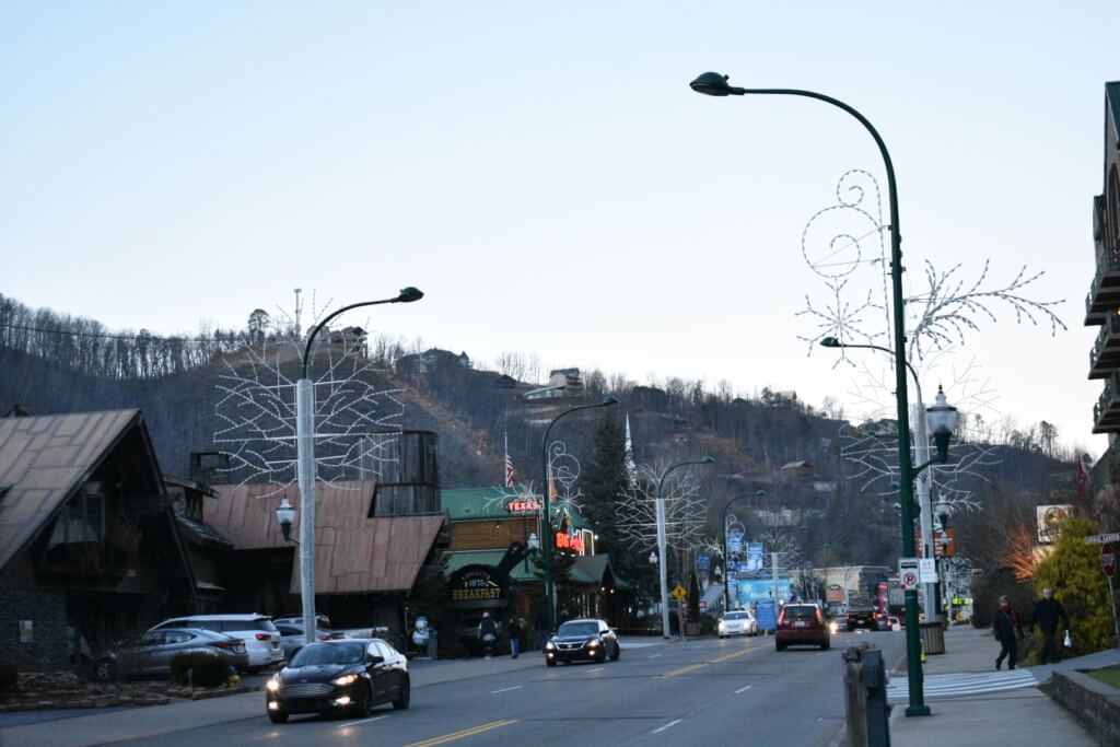 Winter view of the Gatlinburg Parkway with holiday lights
