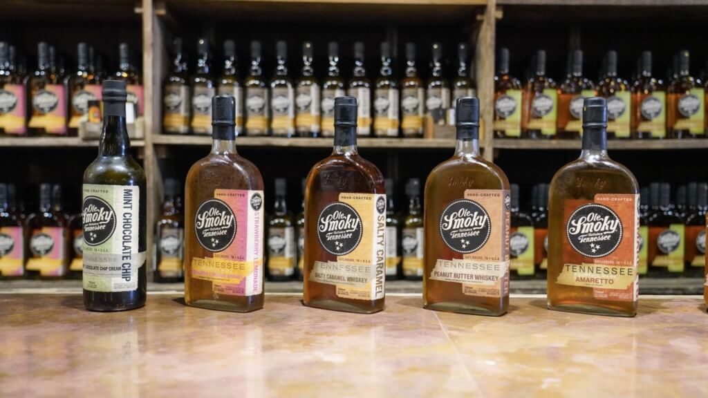 Ole Smoky whiskey bottles on display at the Barrelhouse in Gatlinburg