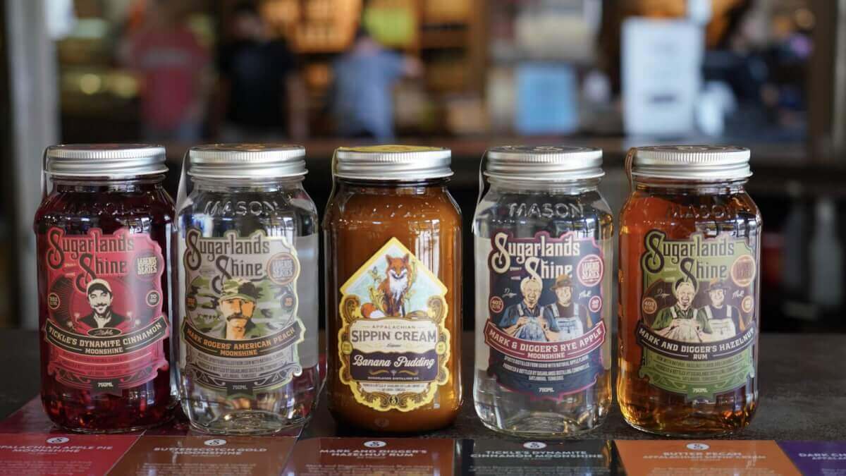 Sugarlands Shine jars on display at a Gatlinburg distillery in the Smoky Mountains